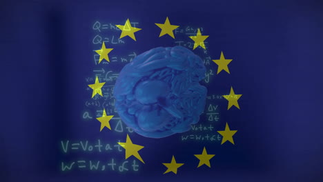 brain model and mathematical equations over european union flag