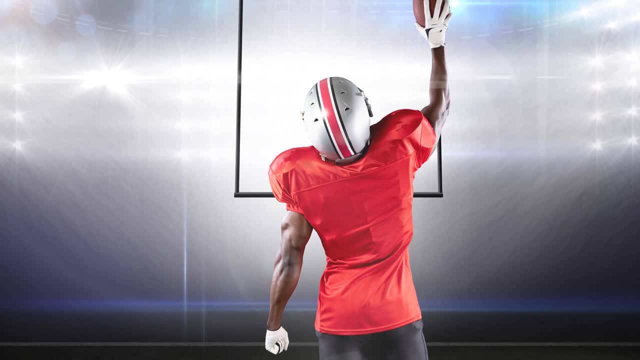 animación de postes de portería y jugador de fútbol americano sosteniendo la pelota en el estadio iluminado