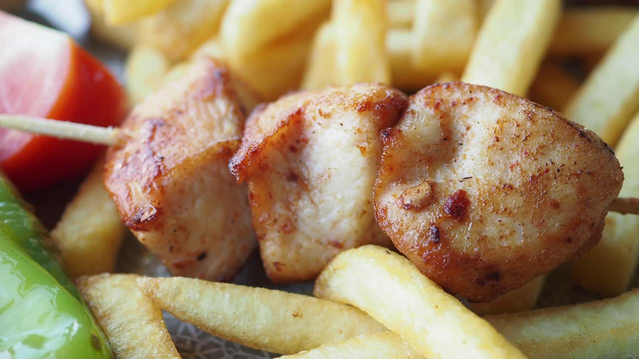 감자김과 채소로 된 고기 스피어