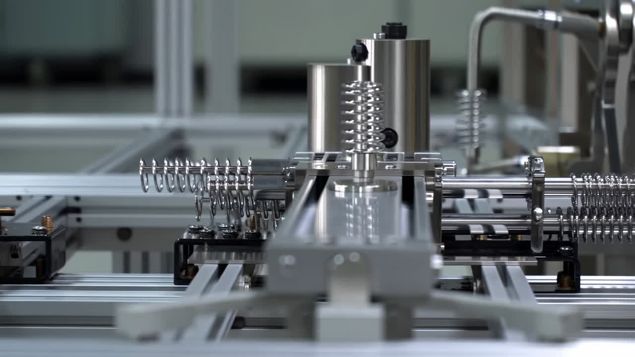 Closeup Industrial Assembly Machine Parts Moving Stainless Steel Actuator Sliding On Aluminum Rails, Coil