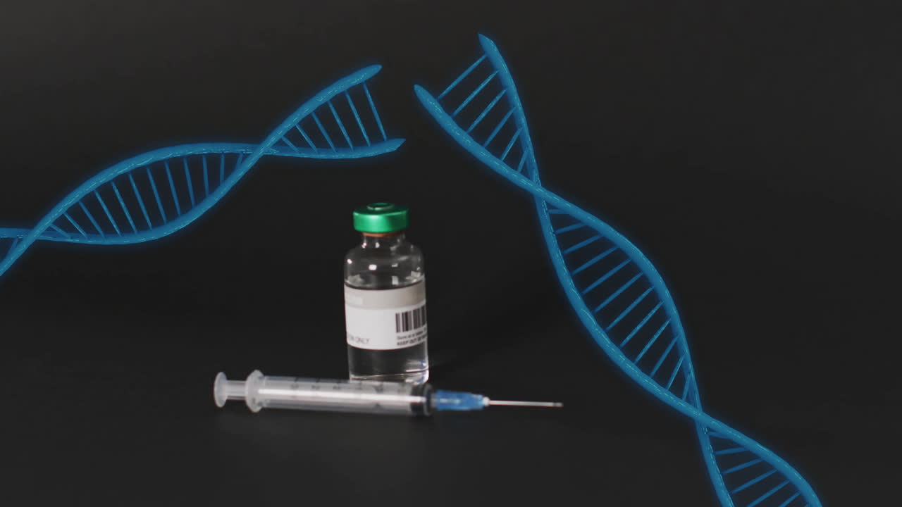 Animation of blue dna strands over syringe and vaccine vial on black background