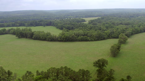 Aerial-flyover-fields-and-trees-in-southern-Missouri-on-a-cloudy-summer-day