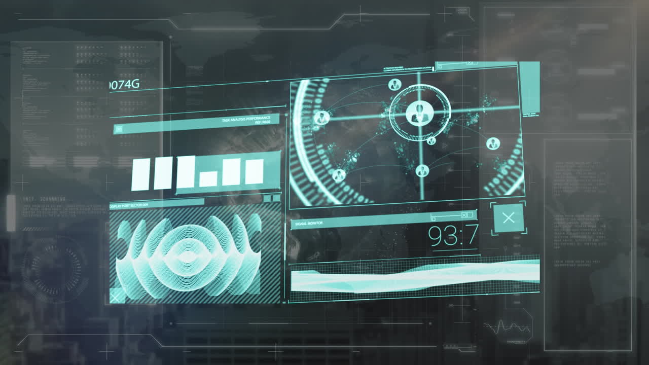 Animation of financial data processing over cityscape