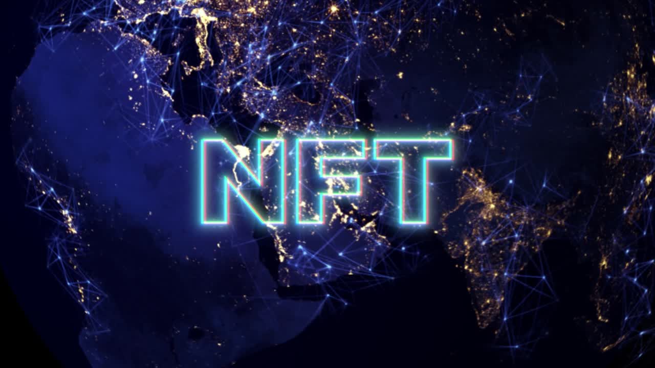 Neon NFT Inscription on Bright Connections Forming a Network Background.  Digital Data. NFT Metaverse Concept.
