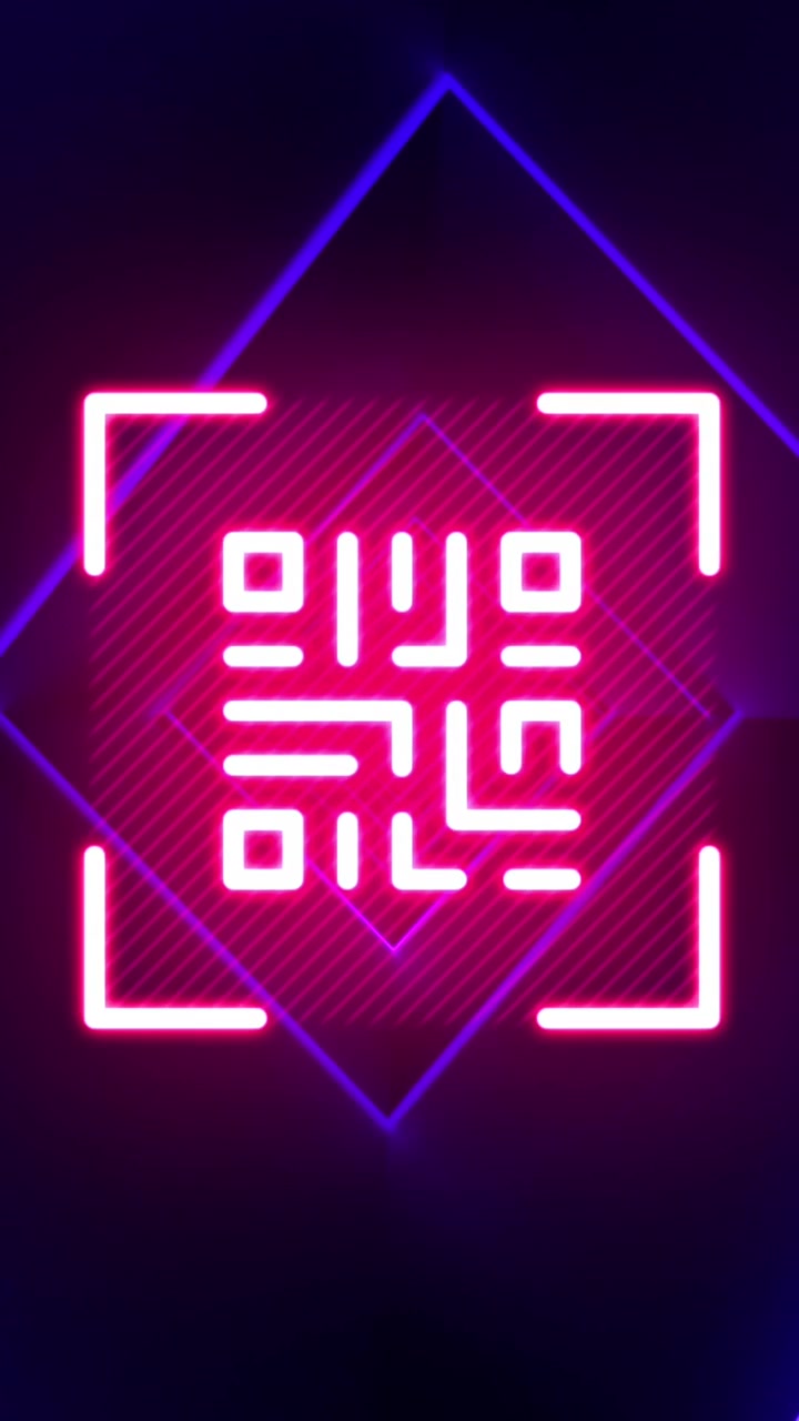 Animation of qr code in viewfinder over rhombuses tunnel against blue background