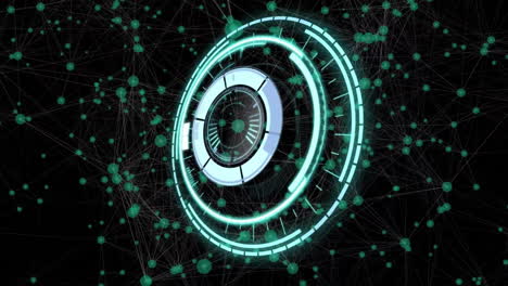 animation of scope scanning over network of connections with icons on black background