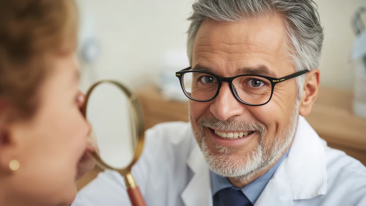 Lifting hand mirror senior doctor examining patient at clinic, checking facial motion in lab coat