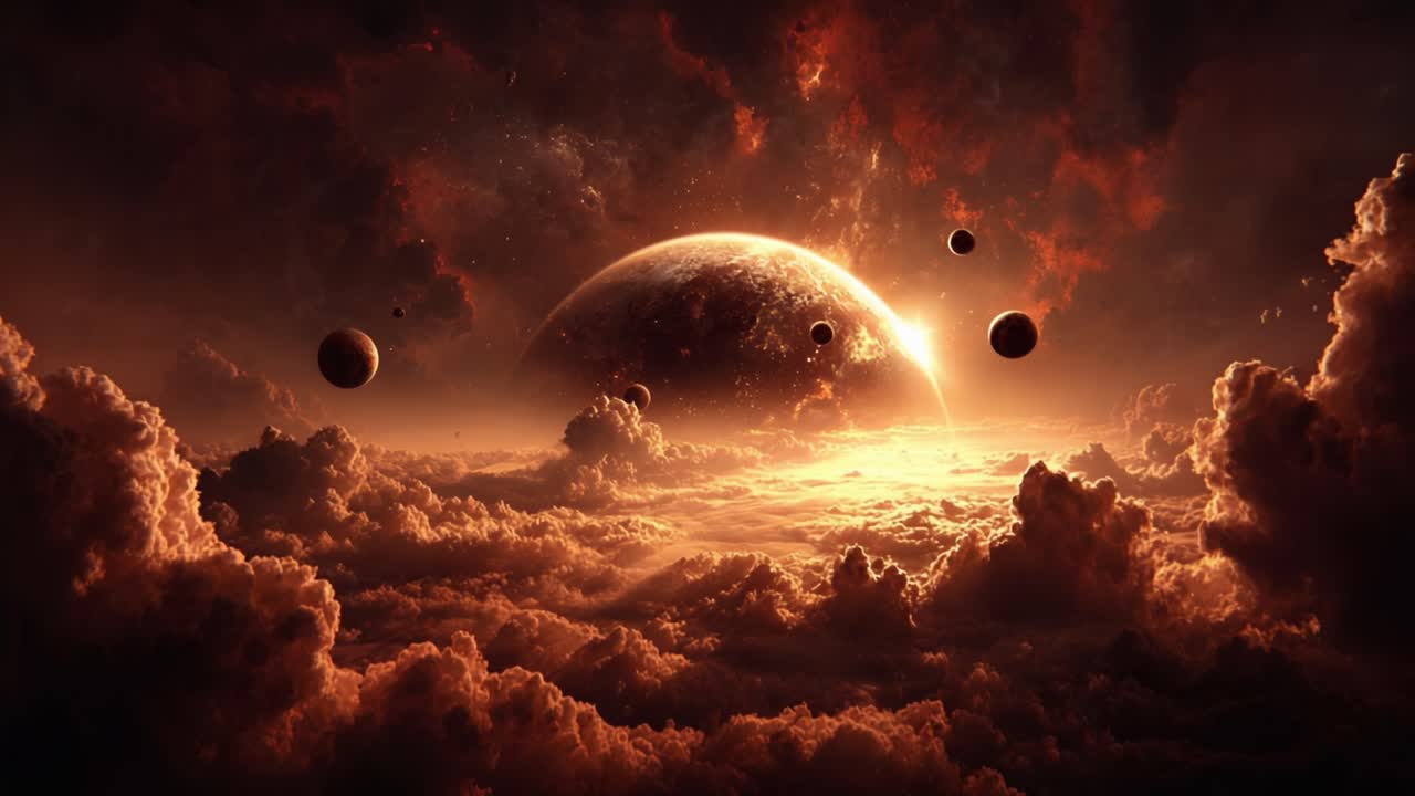 A Stunning Cosmic Landscape: The Majestic View of Planets and Colorful Clouds in a Distant Universe Illuminated by a Fiery Sunset
