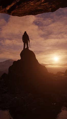 man standing on a rocky peak at sunset inside a cave. vertical animation
