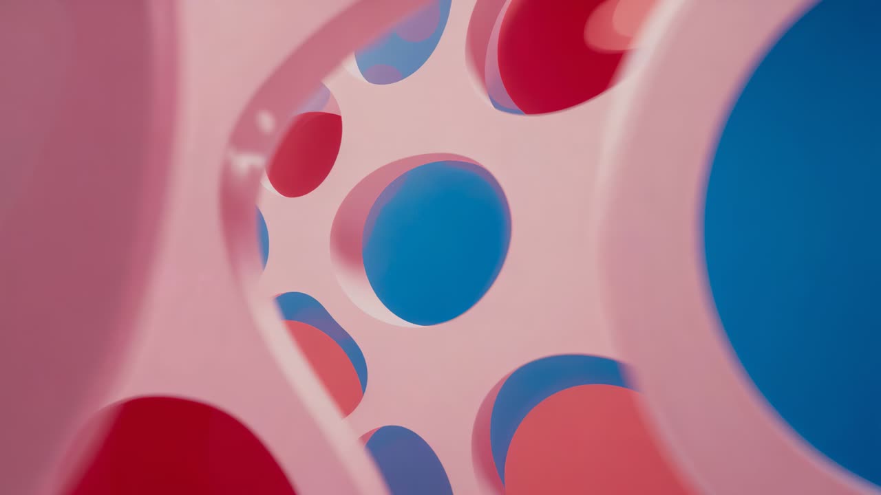 Starting camera gliding forward through pale pink perforated tube, showing red and blue discs