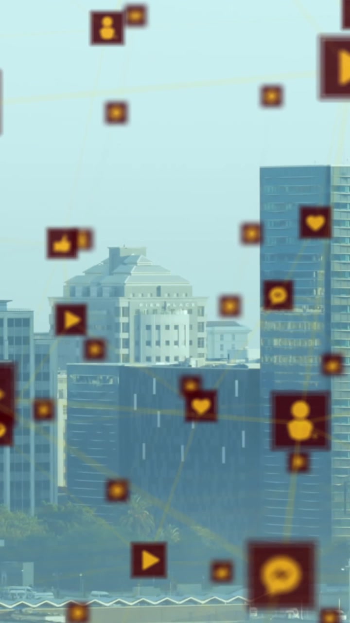 Animação de rede de ícones digitais sobrevoando uma paisagem urbana
