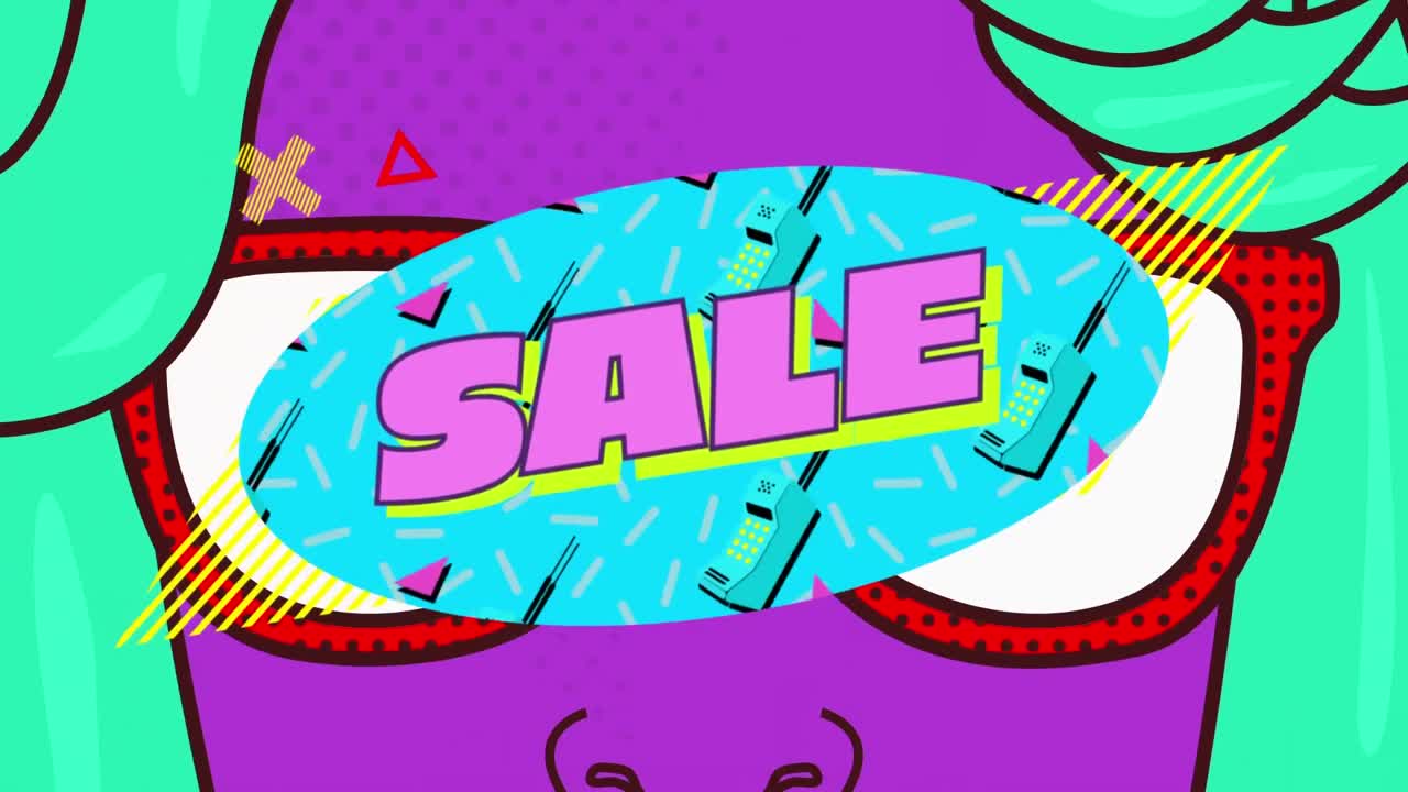 texto de venta en la cara digital con gafas de sol contra un fondo amarillo