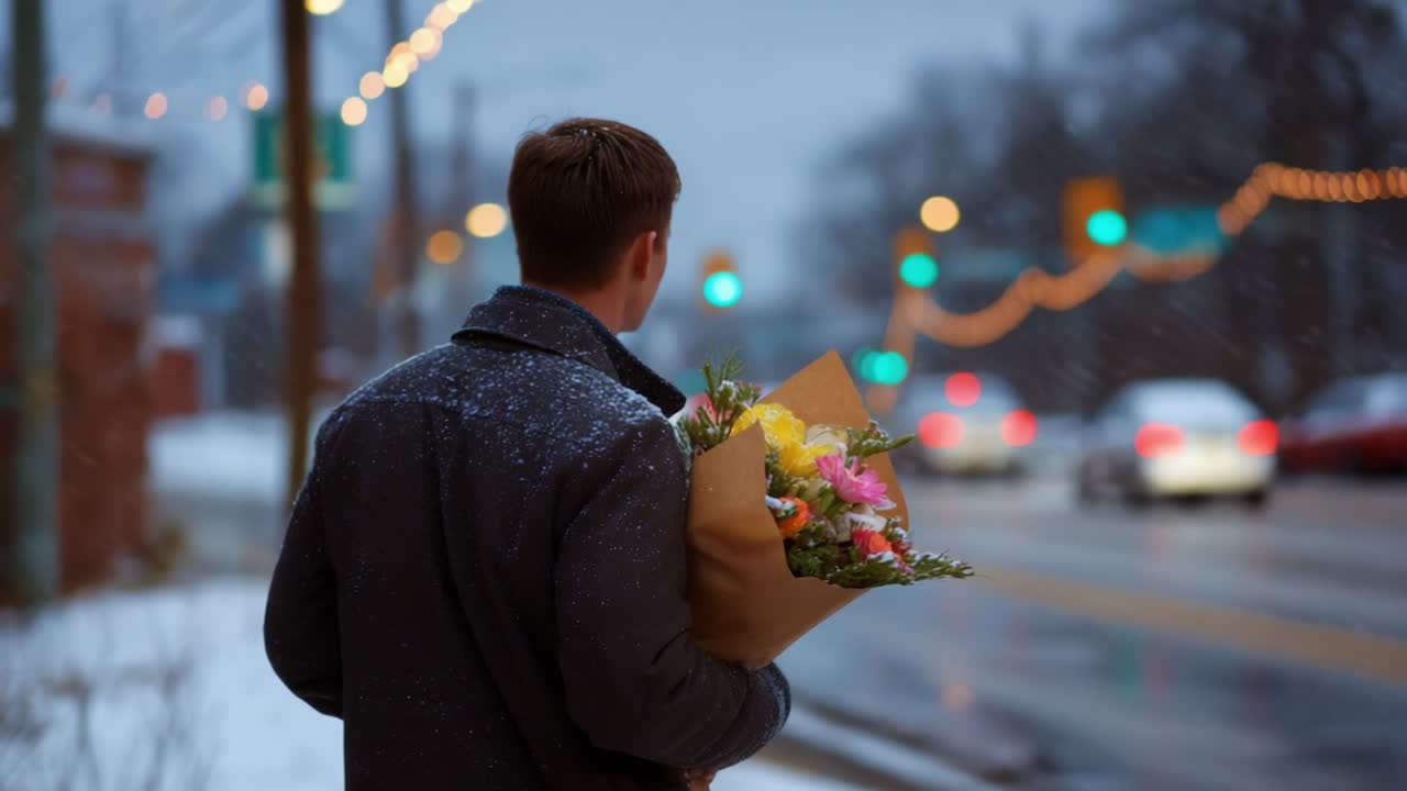 A Young Man Stands in the Snowy Evening, Holding a Bouquet of Colorful Flowers, Gazing at the Wintery Street Decorated with Lights, Creating a Heartfelt Moment of Anticipation in the Romantic Ambiance