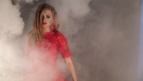 hermosa dama posando en un humo