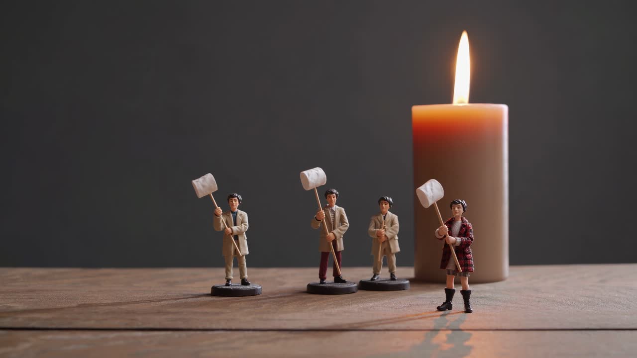 Miniature figurines, two in trench coats and one in a plaid shirt, gather around a lit candle, roasting marshmallows on sticks against a dark backdrop
