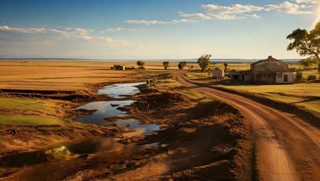 rural landscape with a dirt road and farmhouse under a clear sky