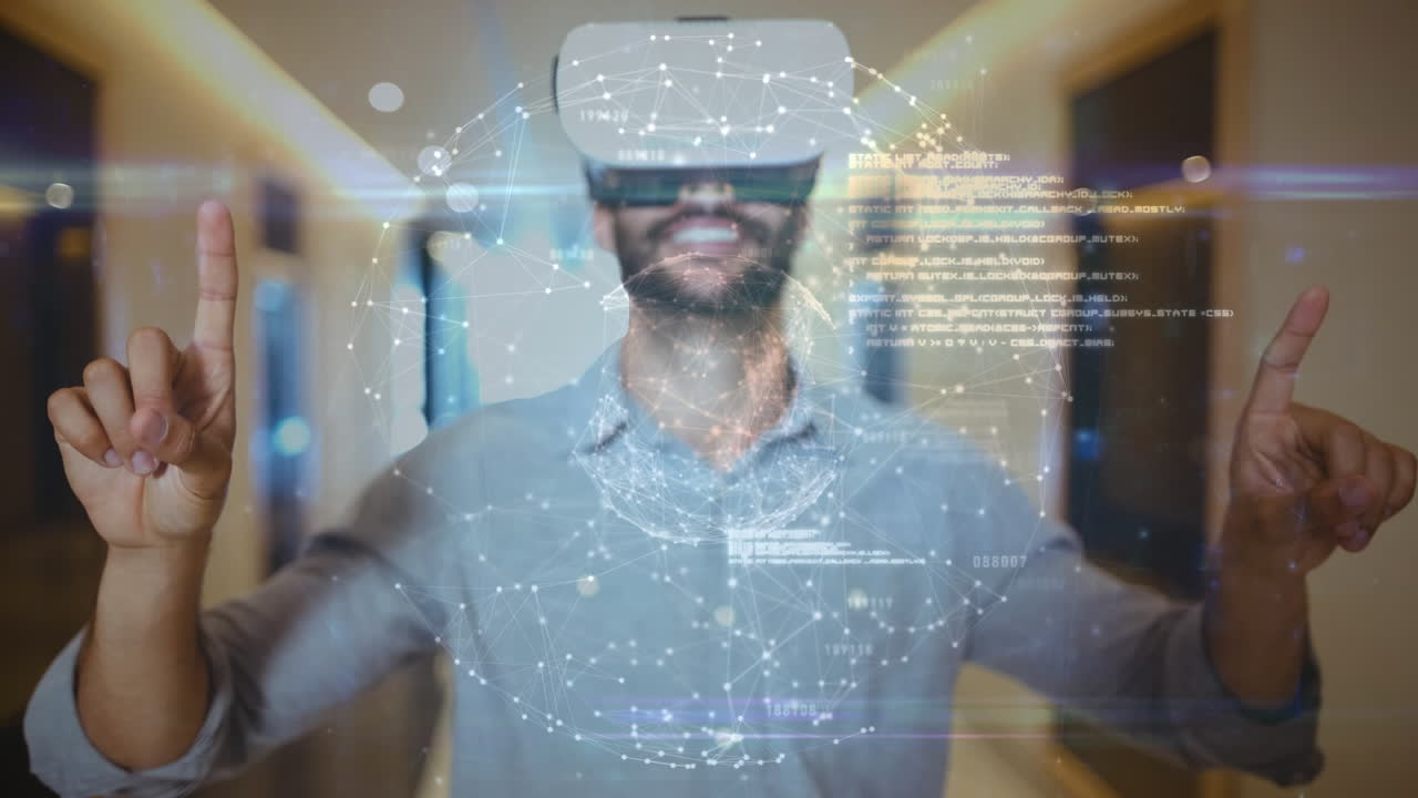 Wearing VR headset, man interacting with virtual network and data processing animation