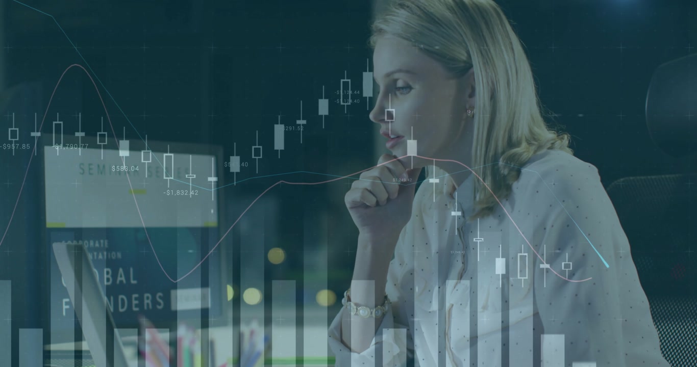 Overlaying financial data charts, businesswoman looking stressed at her workspace