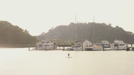 Un-Paddleboarder-Disfrutando-De-Su-Rutina-De-Ejercicios-Matutinos-Remando-Entre-Yates-Amarrados-En-La-Bahía-De-Panamá,-El-Hermoso-Sol-De-La-Mañana-Reflejándose-En-Las-Aguas-Tranquilas,-Ciudad-De-Panamá