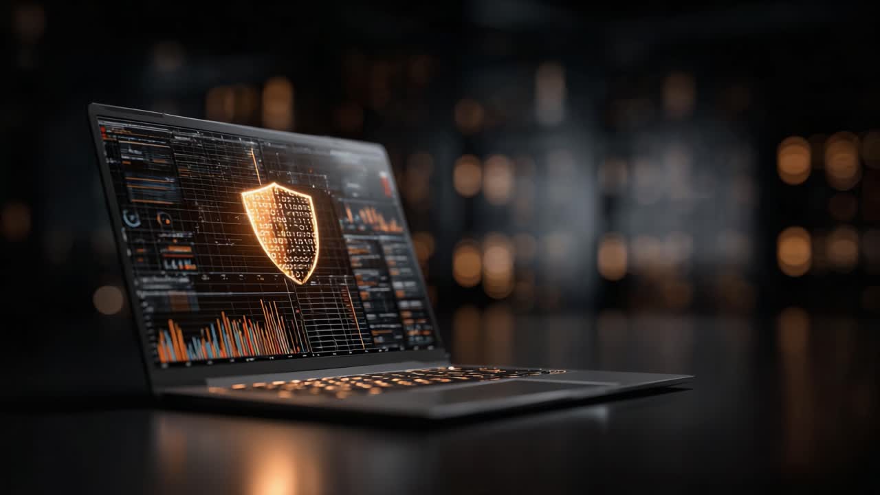 Modern Cybersecurity Visualization on a Laptop Display Featuring Interactive Data Analysis and A High-tech Shield Emblem in a Dimly Lit Environment