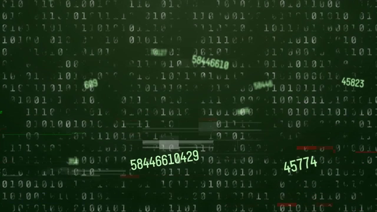 Dark green binary matrix starting, numeric tags drifting, glitch bars growing, showing data flow