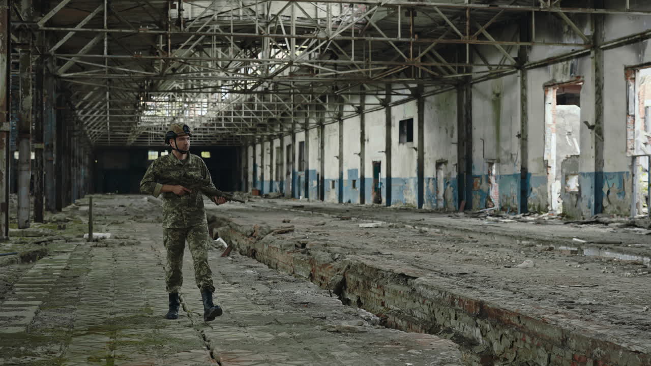 Soldier in a Destroyed Factory