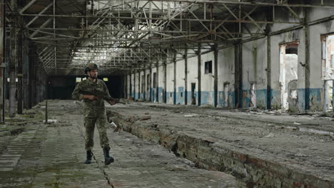 soldier in a destroyed factory