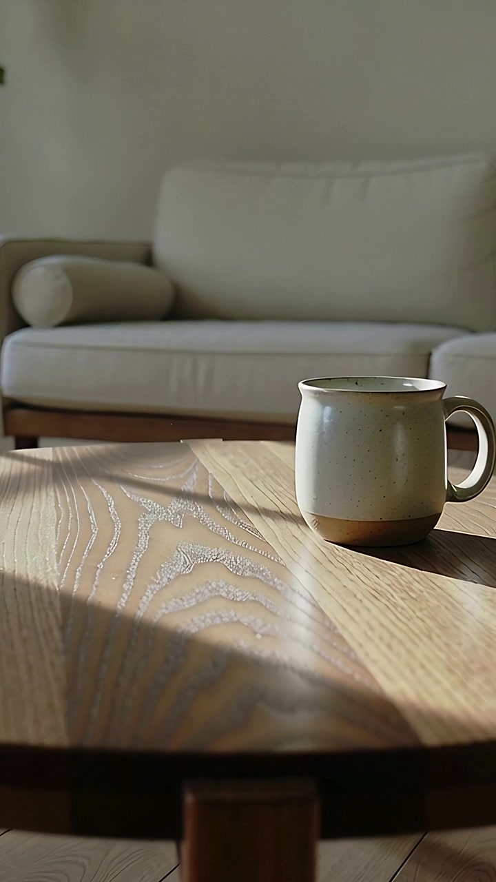 Vertical video: Shifting sunlight crossing speckled mug on wood table in morning room, copy space