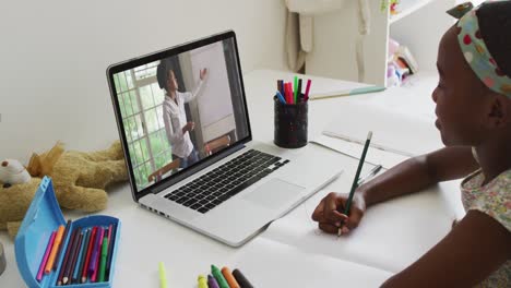 Niña-Afroamericana-Haciendo-La-Tarea-Mientras-Hace-Una-Videollamada-Con-Una-Profesora-En-Una-Computadora-Portátil-En-Casa