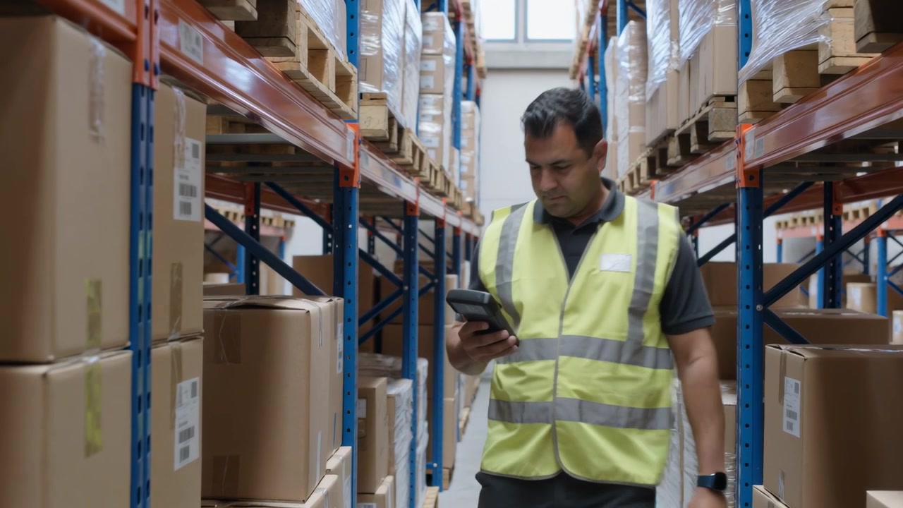 Un lavoratore cammina controllando lo scanner per la preparazione degli ordini, mentre scansiona un'etichetta vicino a scaffalature per pallet, indossando un gilet.