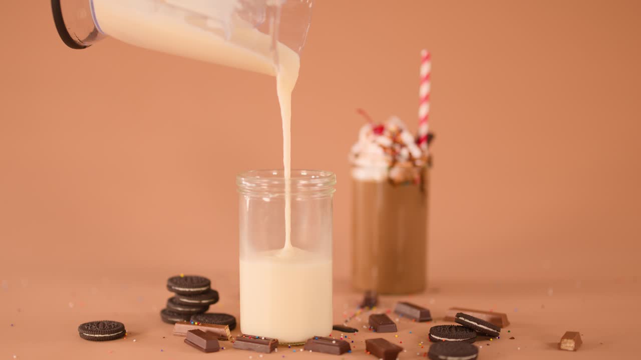 Vaniljmilkshake i slow motion som hälls i glas bredvid chokladkaka på varm bakgrund