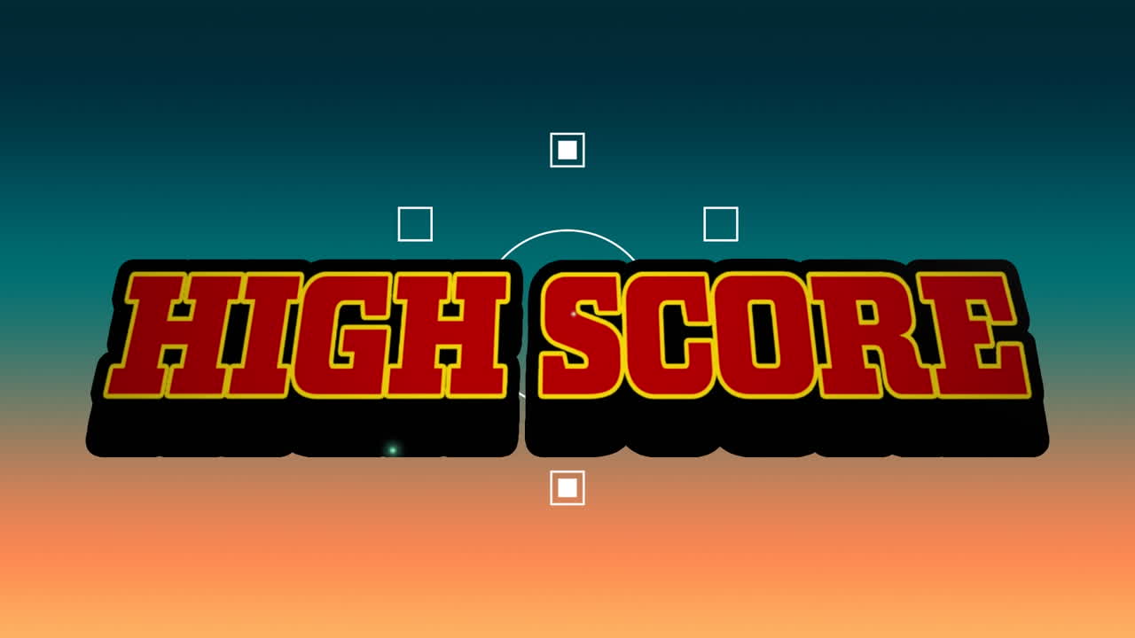 Animation of red text high score, over explosion and white shapes, on orange and blue background