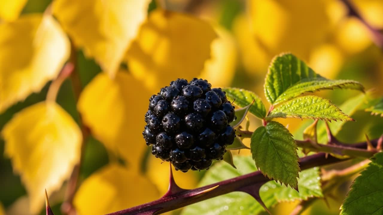 A Close-Up of a Dark Berry Surrounded by Vibrant Yellow Leaves, Showcasing Nature's Beauty in Late Autumn Light and Rich Color Contrast