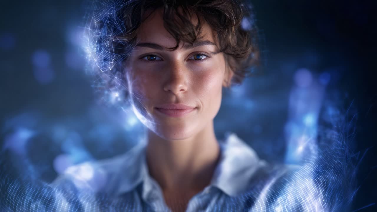 Un ritratto affascinante di una donna pensierosa avvolta da un'aura digitale eterea, che illustra la fusione tra tecnologia ed emozione umana in un mondo moderno.