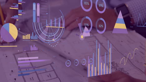 animación de estadísticas y procesamiento de datos financieros sobre hombre caucásico usando tableta.