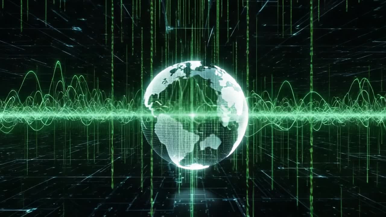 A Futuristic Digital Landscape Featuring a Glowing Globe Surrounded by Vibrant Green Data Streams and Wave Patterns Integrating Technology with Earth Visualization