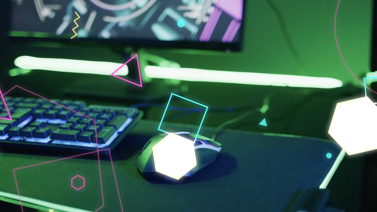 Shapes appearing and drifting across green LED desk, clustering near wired mouse, promoting product