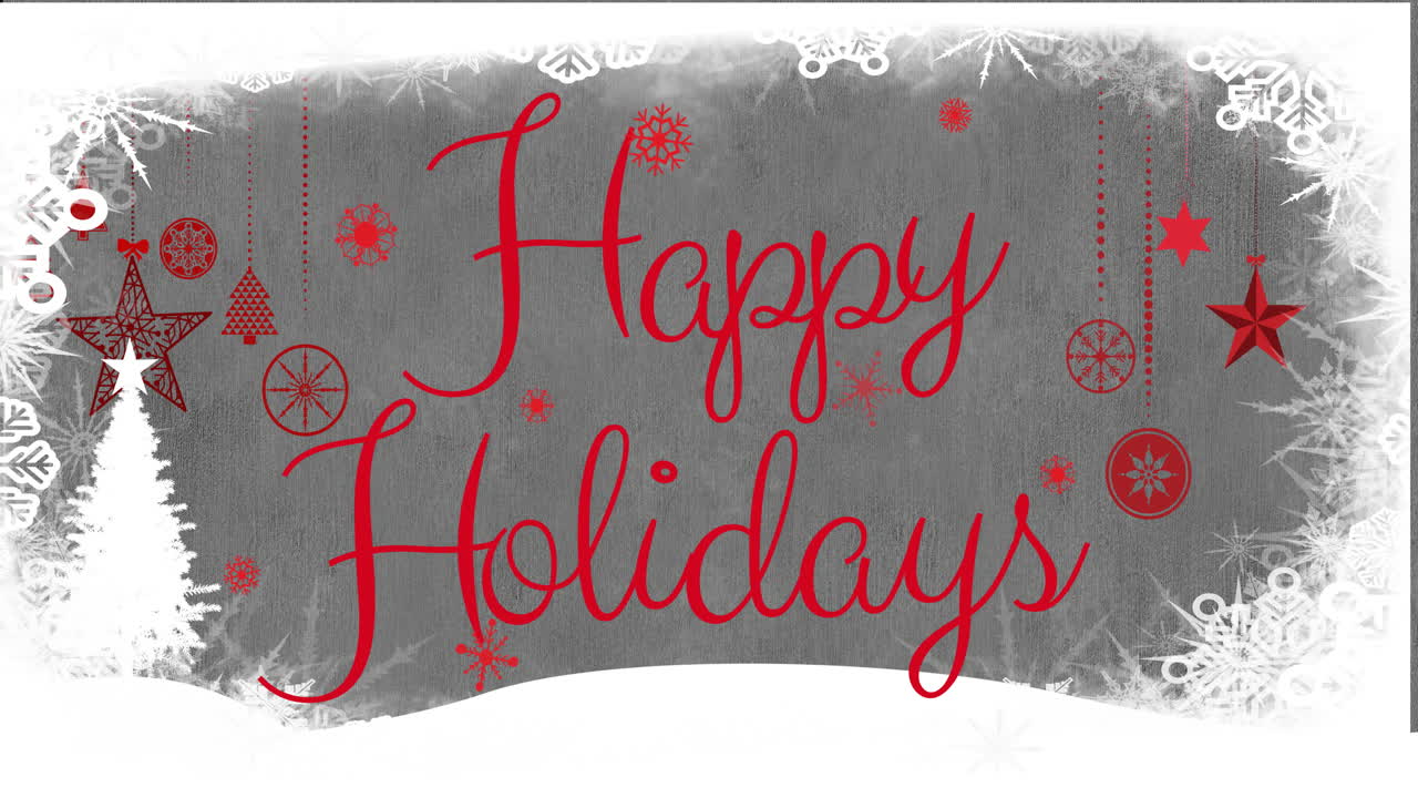animación de felices fiestas texto en el marco sobre decoraciones de navidad en fondo gris