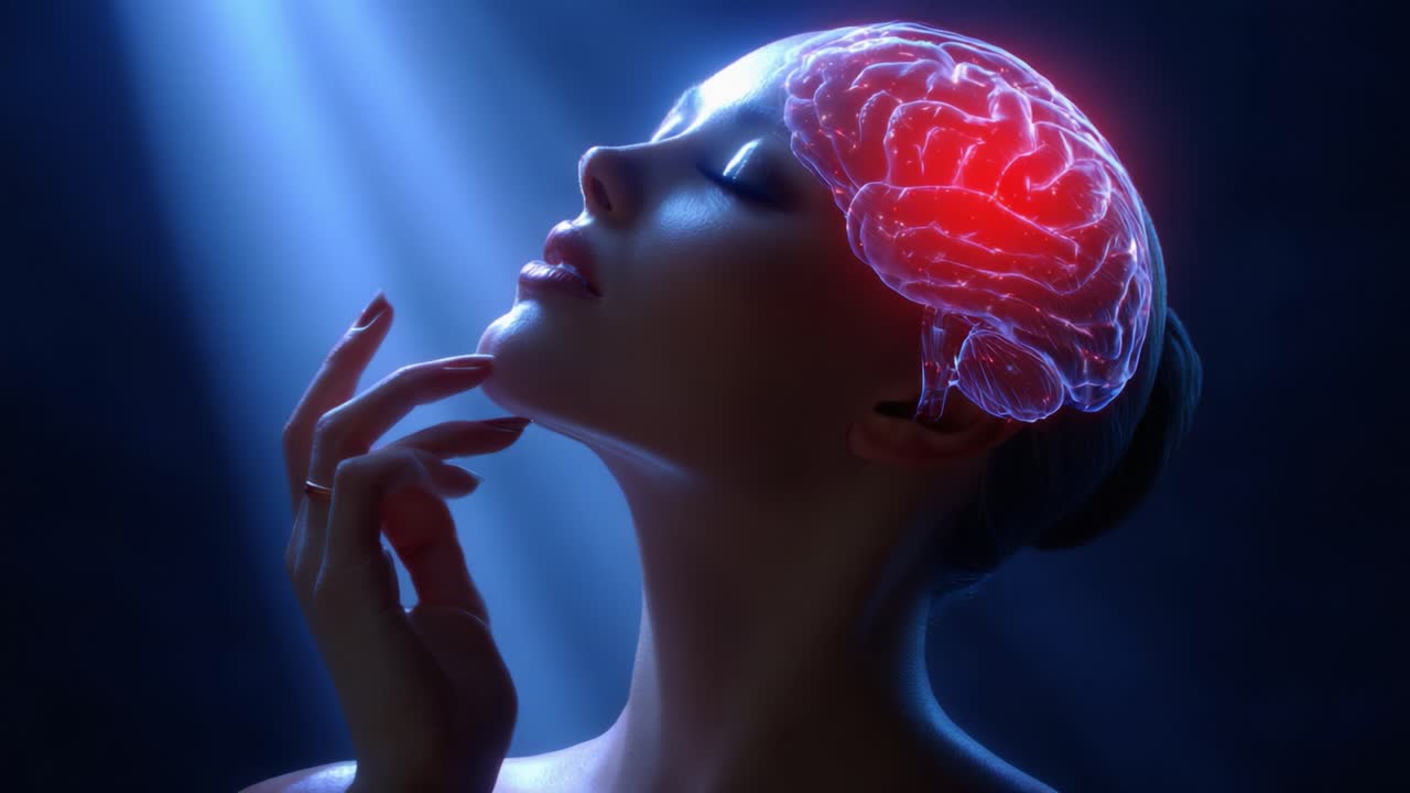 Un’immagine accattivante dell'intersezione tra cognizione umana ed espressione artistica: l'enigmatica silhouette di una donna con un cervello luminoso, che simboleggia intelletto e ispirazione sotto un'illuminazione eterea