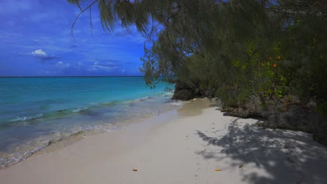 A-narrow-tropical-beach-with-waves-gently-sliding-onto-the-sand-during-the-day-is-a-peaceful-and-picturesque-setting,-the-crystal-clear-water-and-lush-vegetation-creating-a-paradise-like-atmosphere