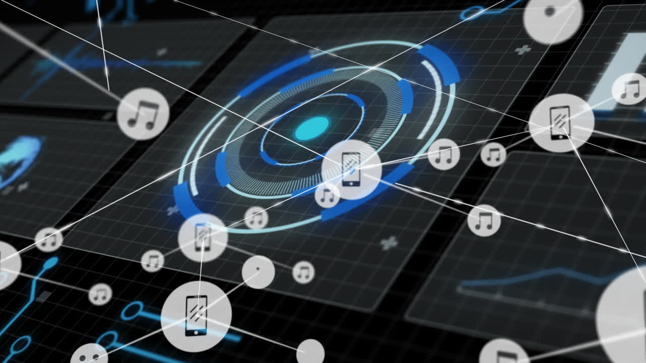 Animation of network of connections with icons over data processing