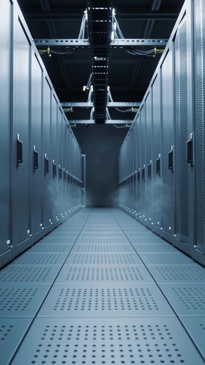 Video verticale: Inquadratura di un corridoio di un datacenter che rilascia vapore dalle bocchette a pavimento per il raffreddamento, rack.