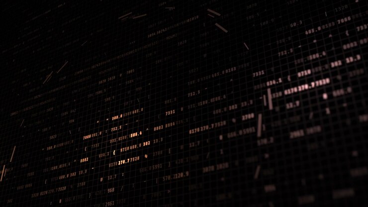 A perspective HUD matrix displaying glowing warm numerical data streams, depth-of-field focus, and digital code lines simulates a sci-fi terminal or server background.