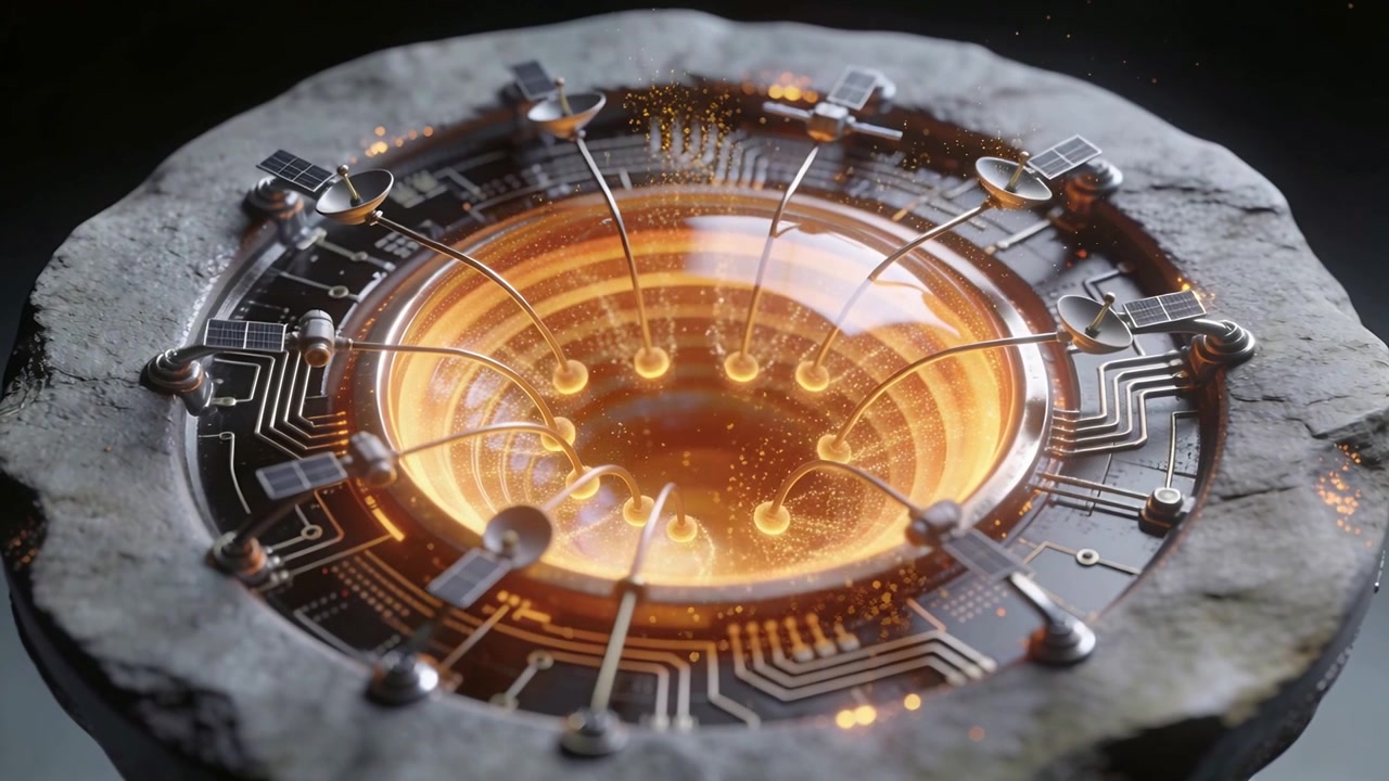 Rising glow sparking circular device drawing probes into amber swirl on platform with PCB traces