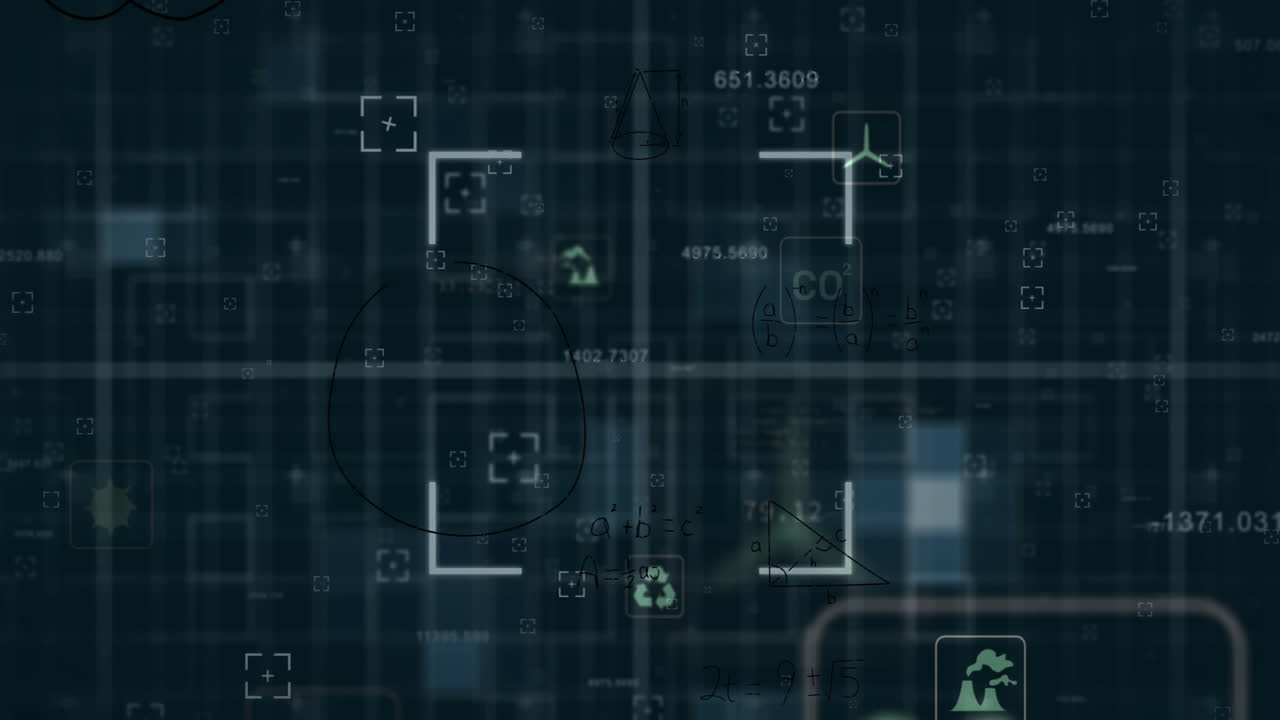 Animation of ecology icons over data processing on black background