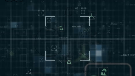 animación de iconos de ecología sobre procesamiento de datos en fondo negro