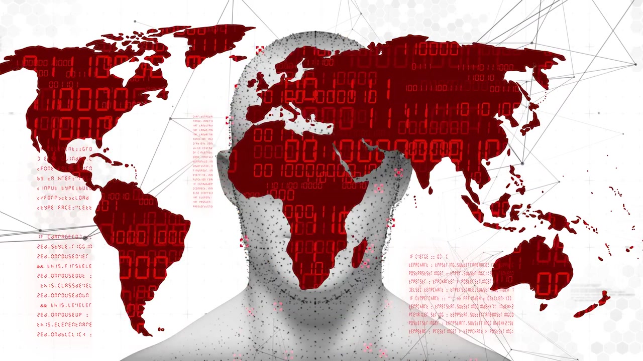 Mapa vermelho pulsando, enviando pontos enquanto um humanoide de nuvem de pontos emerge, sendo escaneado revelando dados globais.