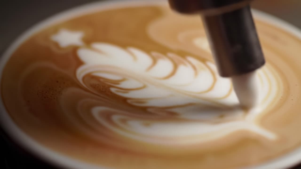 Delightful Coffee Art: A Close-Up Journey of Creamy Latte Patterns Transforming from Leaf to Festive Tree Designs in a Beautiful Cup of Coffee