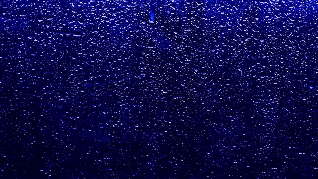 파란색 방울 배경, 네온 배경,  방울, 유리 위의 방금의 질감