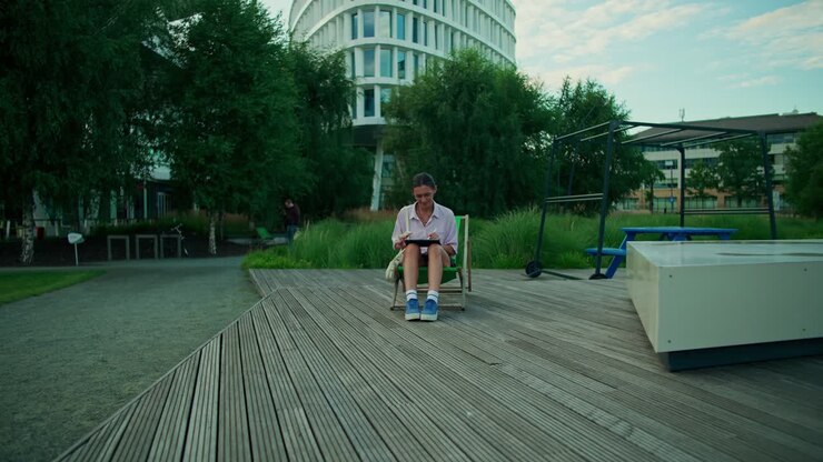 Donna che legge su un tablet in un parco
